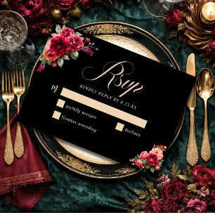 Chic red black floral wedding RSVP card