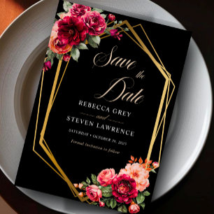 Chic red black floral wedding  save the date