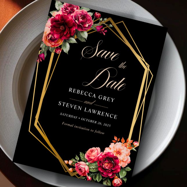 Chic red black floral wedding  save the date (Creator Uploaded)