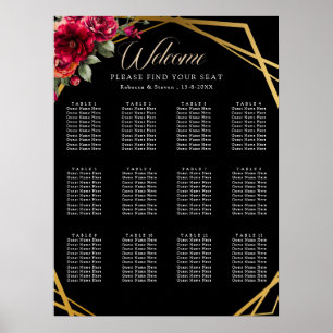 Chic red black floral wedding seating chart