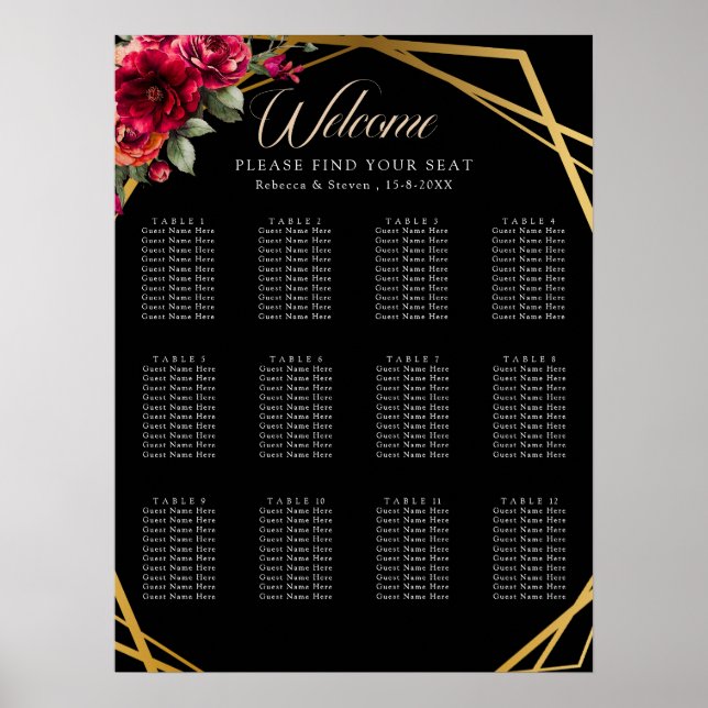 Chic red black floral wedding seating chart (Front)