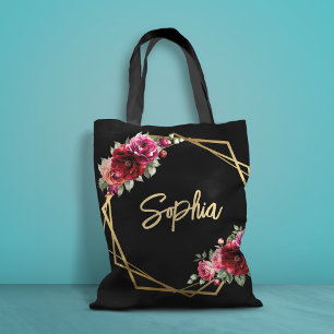 Chic red black floral wedding  tote bag