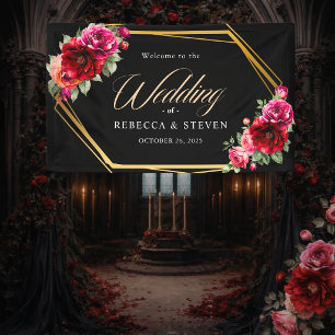 Chic red black floral wedding welcome banner