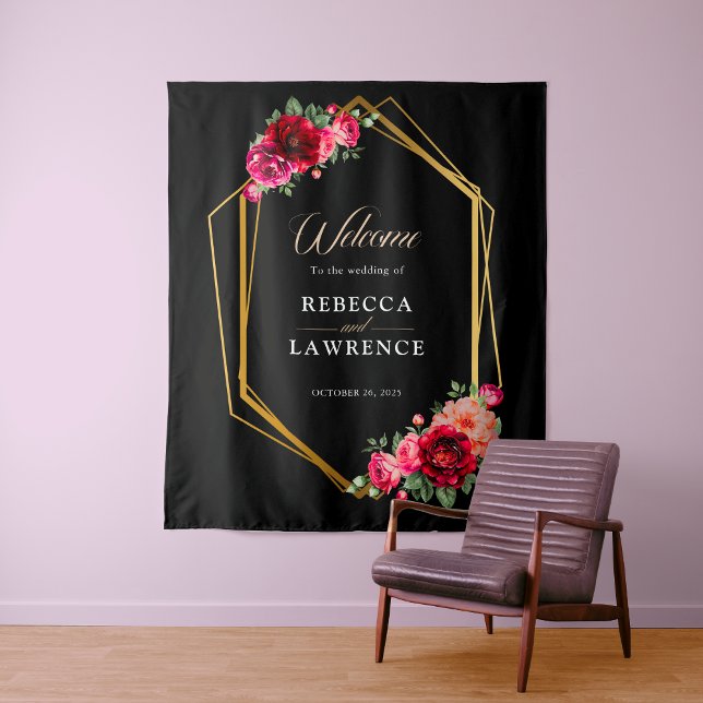 Chic red black floral wedding welcome tapestry (Creator Uploaded)