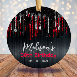 Chic Red Black Glitter Drips Birthday Ceramic Tree Decoration