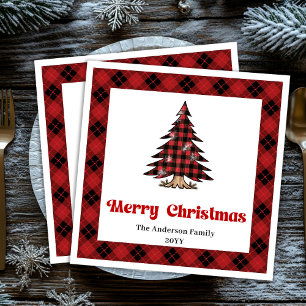 Chic Red Black Plaid Christmas Napkin Personalized