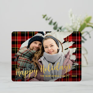 Chic Red Black Yellow White Plaid Pattern Gold Foil Holiday Card