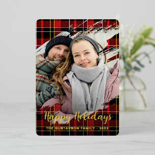 Chic Red Black Yellow White Plaid Pattern Gold Foil Holiday Card