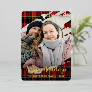 Chic Red Black Yellow White Plaid Pattern Gold Foil Holiday Card