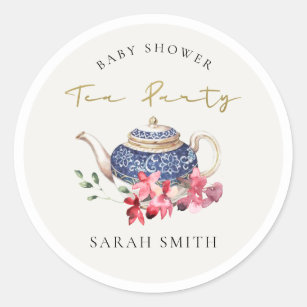 Chic Red Blue Floral Teapot Baby Shower Tea Party Classic Round Sticker