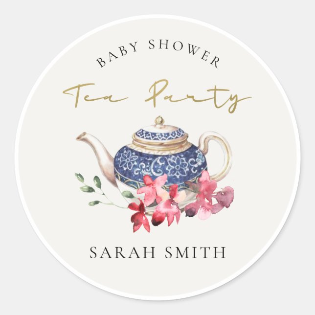 Chic Red Blue Floral Teapot Baby Shower Tea Party Classic Round Sticker (Front)
