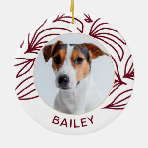 Chic Red Botanical Dog Photo and Name Christmas Ceramic Tree Decoration