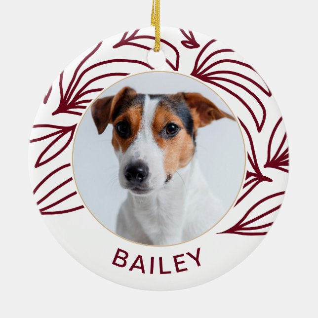 Chic Red Botanical Dog Photo and Name Christmas Ceramic Tree Decoration (Back)
