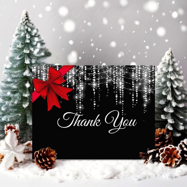 Chic red bow black silver faux glitter holiday thank you card (Creator Uploaded)