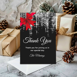 Chic red bow black silver faux glitter thank you card