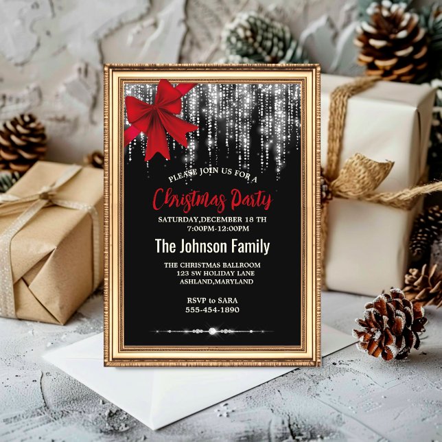 Chic red bow black silver holiday lights Christmas Invitation (Creator Uploaded)