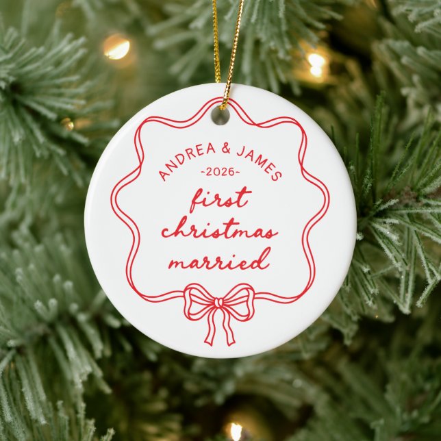 Chic Red Bow Coquette First Christmas Married Ceramic Tree Decoration (Tree)