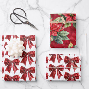 Chic Red Bow Floral Christmas Wrapping Paper Sheet
