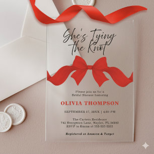 Chic Red Bow She's Tying the Knot Bridal Shower Acrylic Invitations