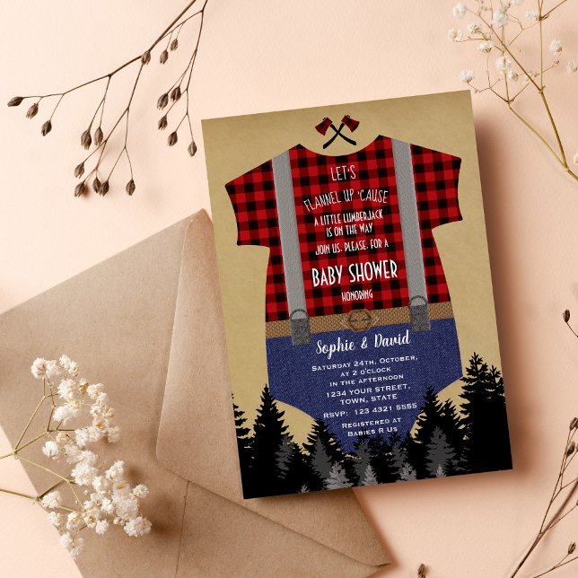 Chic Red Buffalo Baby Suit Lumberjack Baby Shower Invitation (red buffalo baby shower invitation rustic cute)