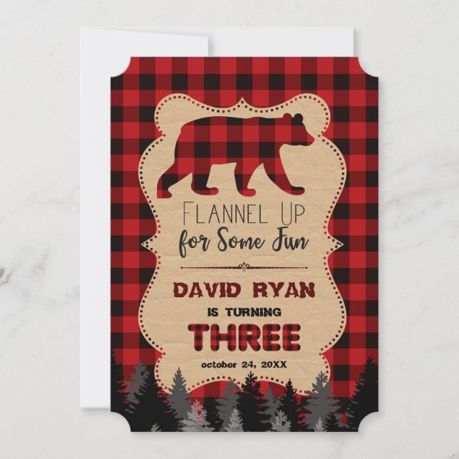 Chic Red Buffalo Plaid Third Birthday Invite (Front)