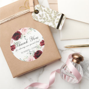 Chic Red Burgundy Blush Pink Roses Floral Wedding Classic Round Sticker