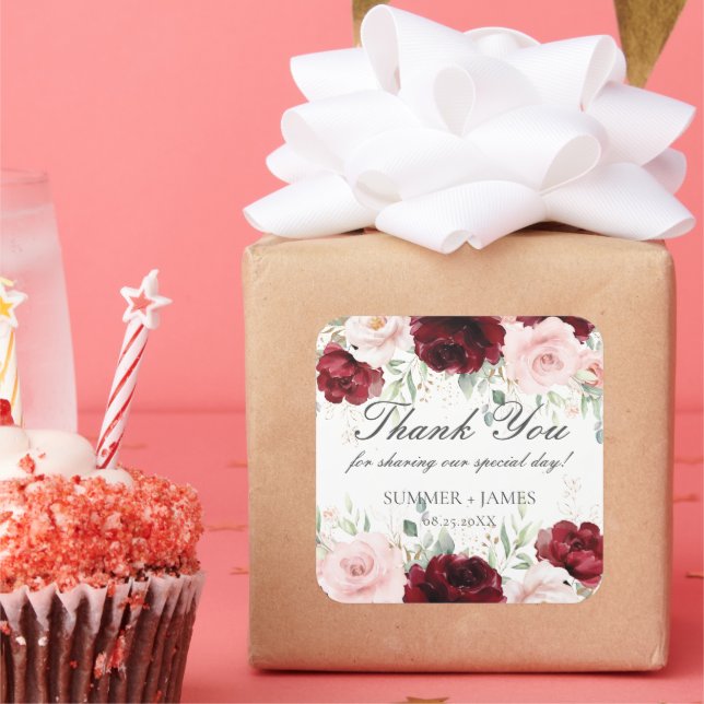 Chic Red Burgundy Blush Pink Roses Floral Wedding Square Sticker (Party)