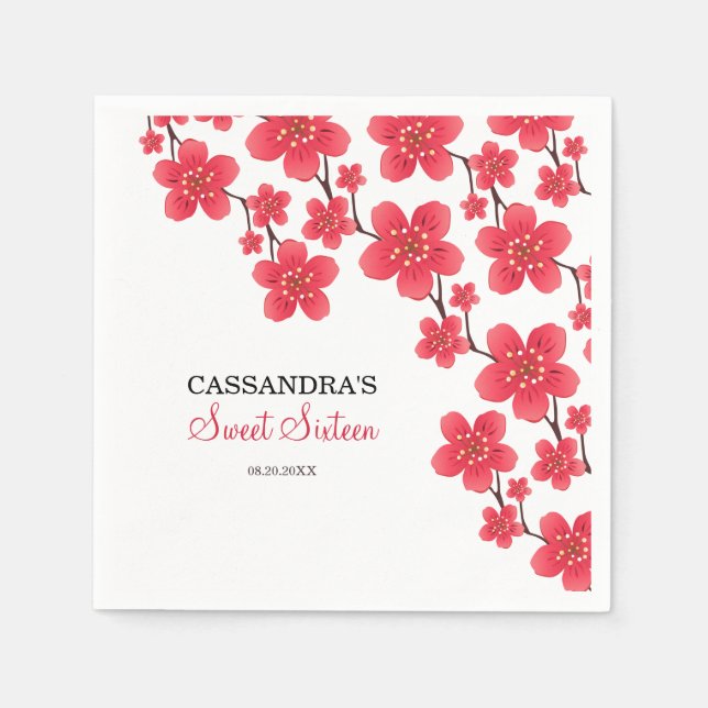 Chic Red Cherry Blossom Floral Botanical Birthday Napkin (Front)