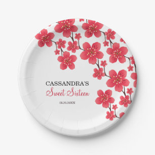 Chic Red Cherry Blossom Floral Botanical Birthday Paper Plate
