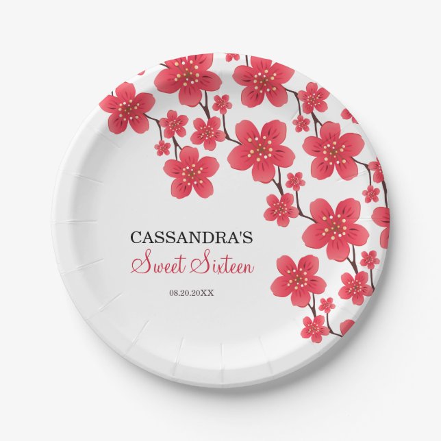 Chic Red Cherry Blossom Floral Botanical Birthday Paper Plate (Front)