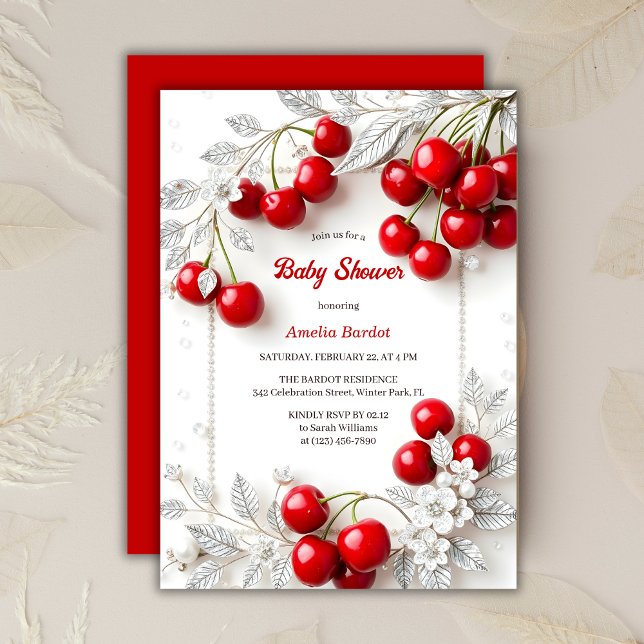 Chic Red Cherry Themed Girl Baby Shower Invitation (Chic Red Cherry Themed Girl Baby Shower Invitation)