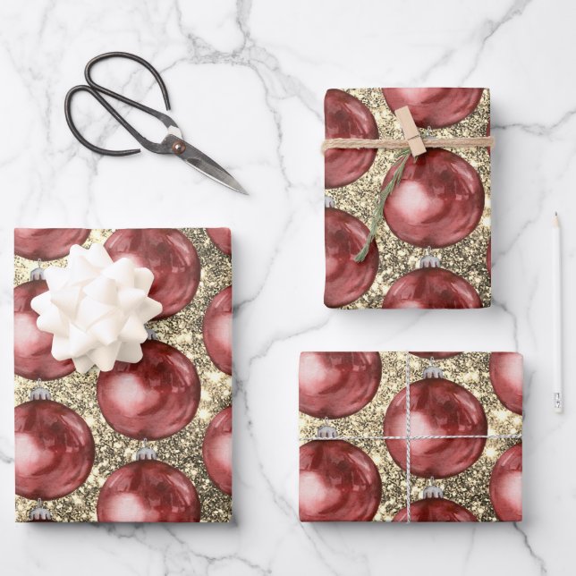 Chic Red Christmas Balls Gold Glitter Sparkles Wrapping Paper Sheet (Front)