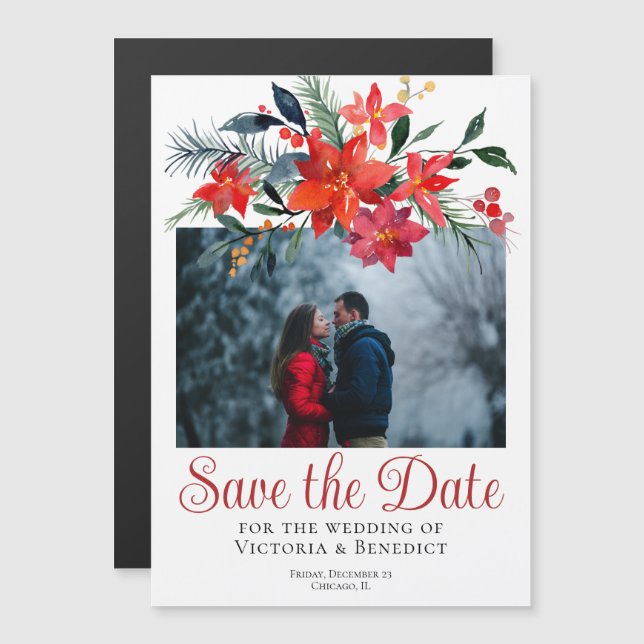Chic Red Christmas Poinsettia Photo Save the Date Magnetic Invitation (Front/Back)