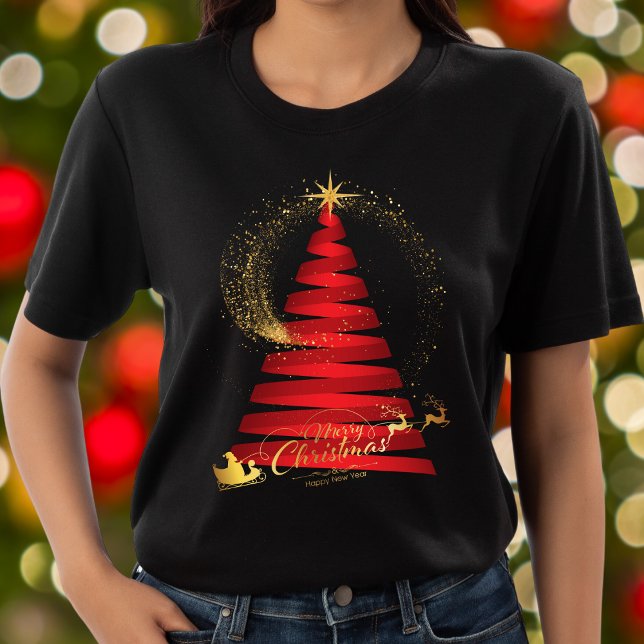 Chic Red Christmas Tree Gold Santa and Reindeer T-Shirt (Creator Uploaded)
