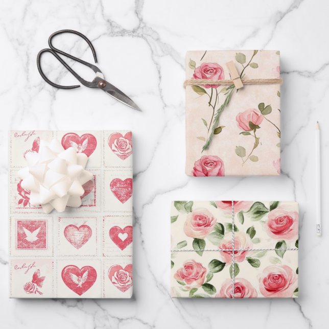 Chic Red Cream Love Hearts Wedding Wrapping Paper Sheet (Front)