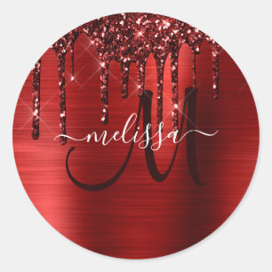 Chic Red Dripping Glitter Brushed Metal Glam Classic Round Sticker