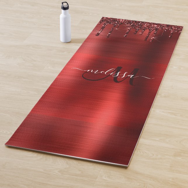 Chic Red Dripping Glitter Monogram Name Yoga Mat (In Situ)