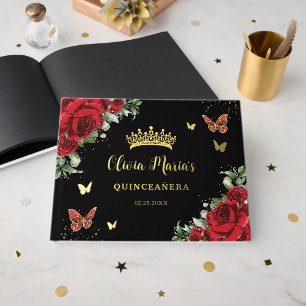 Chic Red Floral Butterflies Black Quinceanera Gold Guest Book