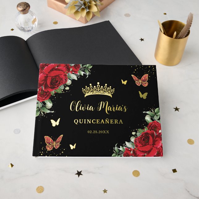Chic Red Floral Butterflies Black Quinceanera Gold Guest Book (Front Open)