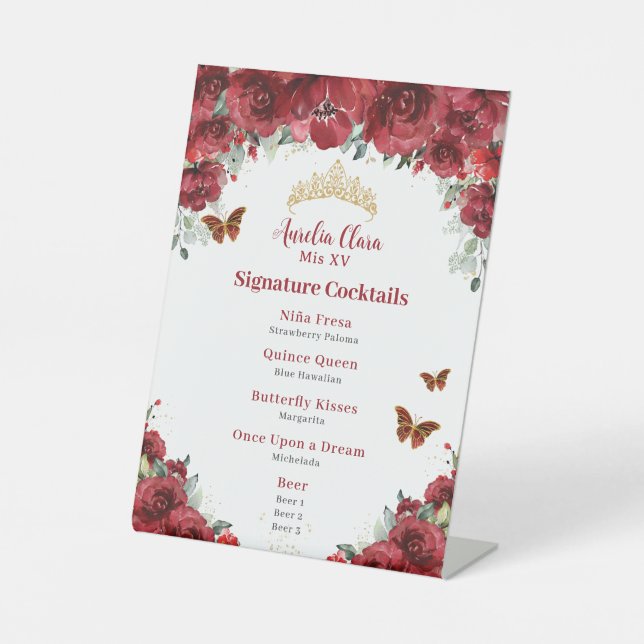 Chic Red Floral Gold Quinceanera Cocktails Menu Pedestal Sign (Front)