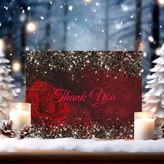 Chic red flower black faux gold glitter thank you card (Creator Uploaded)