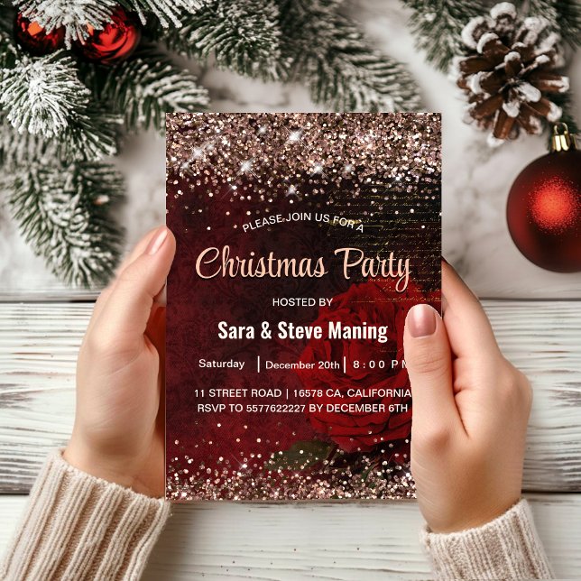 Chic red flower faux gold glitter Christmas  Invitation (Creator Uploaded)