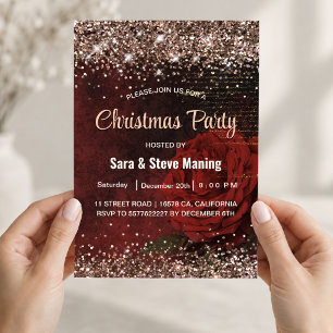 Chic red flower faux gold glitter Christmas  Invitation