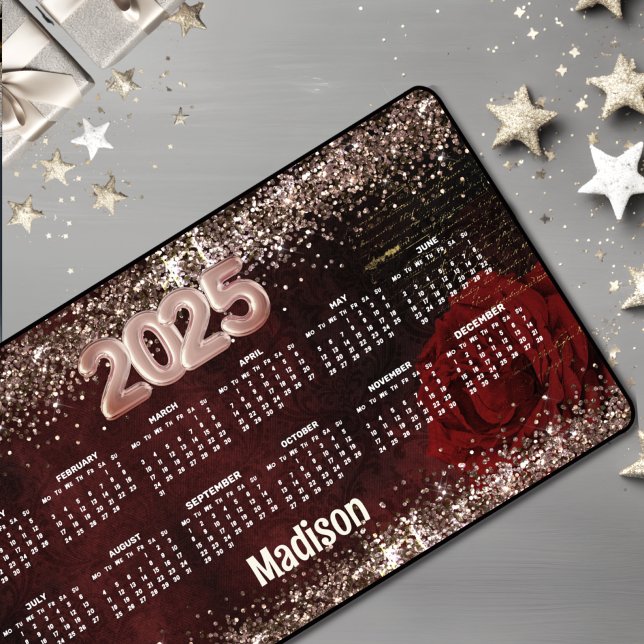 Chic red flower faux gold glitter monogram 2025 desk mat (Creator Uploaded)