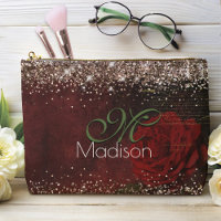 Chic red flower faux gold glitter monogram