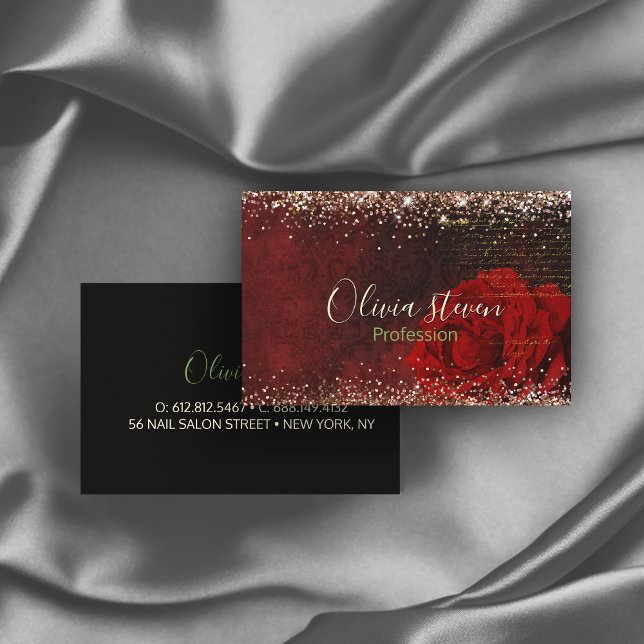 Chic red flower faux gold glitter monogram business card (Creator Uploaded)