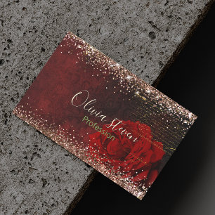 Chic red flower faux gold glitter monogram 	Magnetic business card