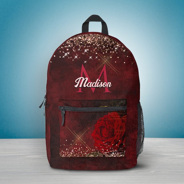 Chic red flower faux gold glitter monogram printed backpack (Creator Uploaded)