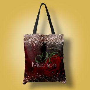Chic red flower faux gold glitter monogram tote bag