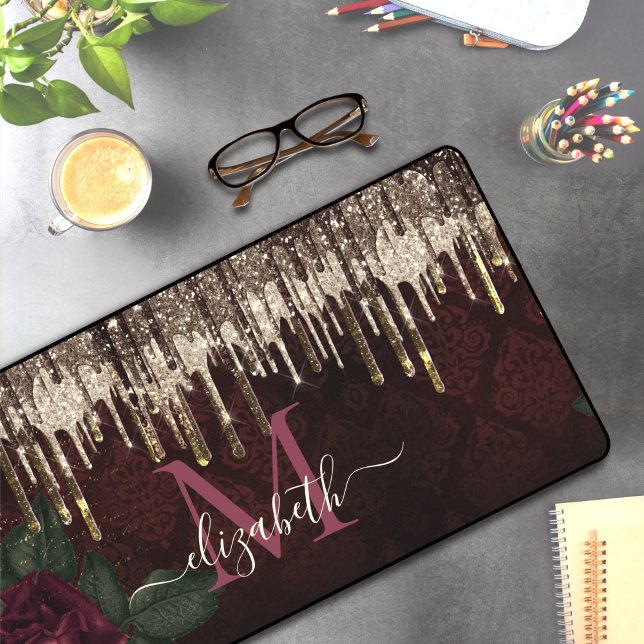 Chic red flower gold drippings glitter monogram desk mat (Creator Uploaded)